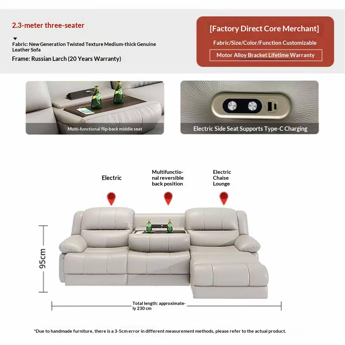 L-Shaped Leather Power Recliner Sectional Sofa — detail view 01