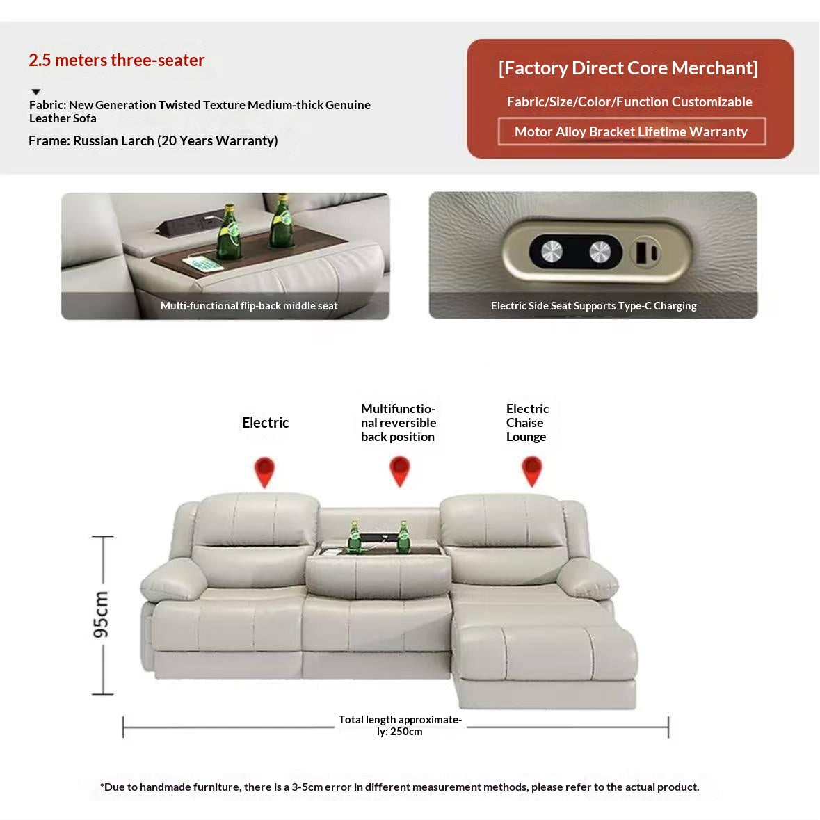 L-Shaped Leather Power Recliner Sectional Sofa — detail view 02