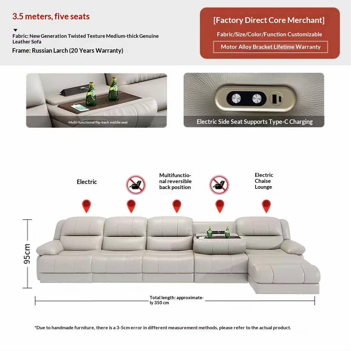 L-Shaped Leather Power Recliner Sectional Sofa — detail view 06