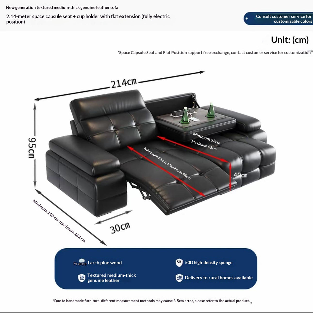 L-Shaped Leather Power Recliner Sofa With Console — detail view 01