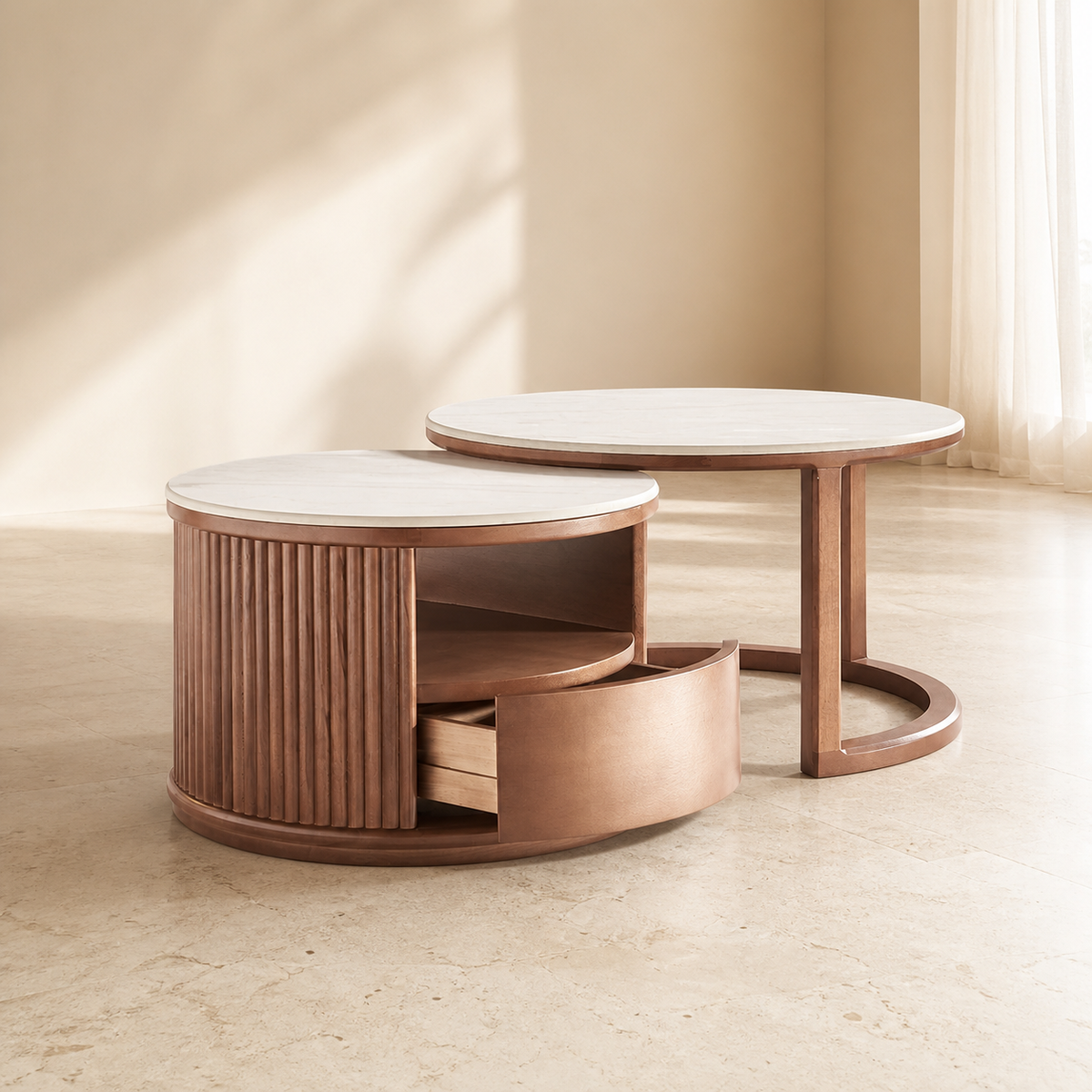Nordic Round Lift-Top Stone Coffee Table With Storage