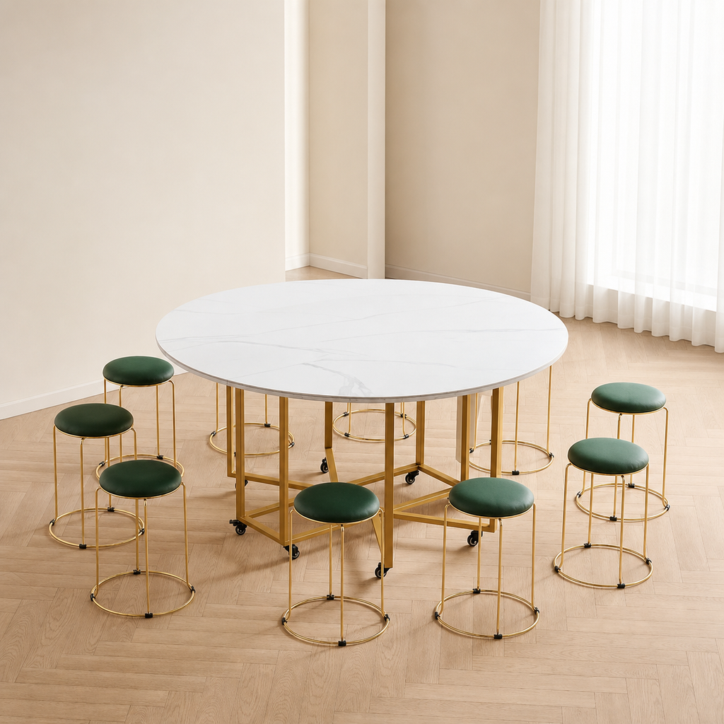 Round Sintered-Stone Folding Dining Table With Storage