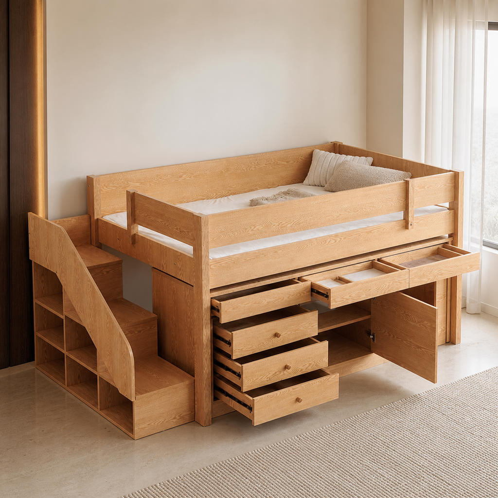 Solid Wood Loft Bed With Pull-Out Desk
