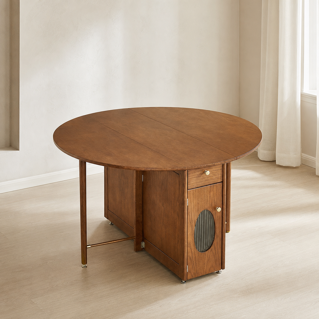 Solid Wood Round Folding Dining Table With Storage